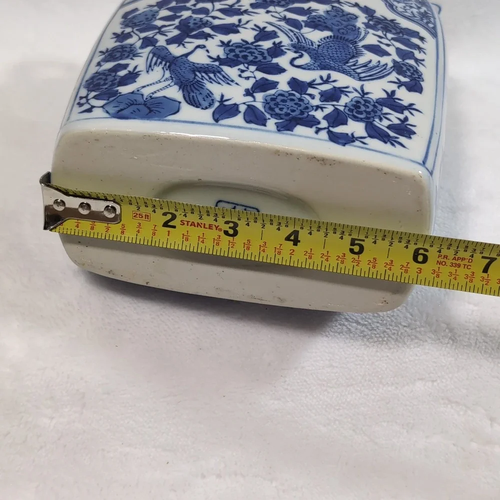 Vtg Chinese Moon Flask Vase Blue White 4 Handle Phoenix Peony Floral Chinoiserie